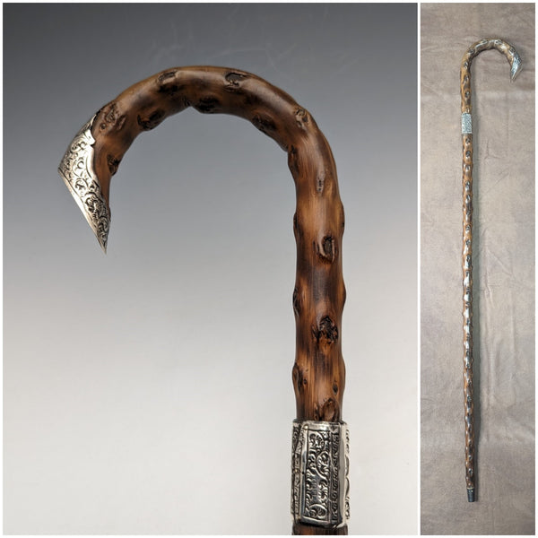 1900 年英國古董男士手杖,弧形手柄,純銀裝飾,棕色桿,90 厘米
